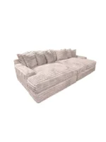 Goldoma white L-shaped velvet sofa in living room with wood frame and removable covers