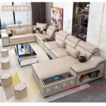 Goldoma U-shaped sectional sofa with built-in Bluetooth speakers and chaise lounge in a modern living room