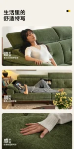 Goldoma Minimalist U-Shape Sectional Sofa in green chenille fabric with sofa bed function for modern living rooms