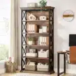 Goldoma 6-Tier Industrial Bookcase, 71 Inch Tall Bookshelf with X-Design, Floor Standing 5 Shelf Display Storage for Living