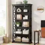 Goldoma 6-Tier Industrial Bookcase, 71 Inch Tall Bookshelf with X-Design, Floor Standing 5 Shelf Display Storage for Living