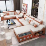 Goldoma U-shaped sectional sofa with built-in Bluetooth speakers and chaise lounge in a modern living room