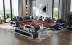 Goldoma genuine leather sectional sofa with LED lighting, storage shelves, USB ports, and cup holders in a modern living room