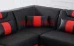 Goldoma genuine leather sectional sofa with LED lighting, storage shelves, USB ports, and cup holders in a modern living room