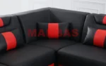 Goldoma genuine leather sectional sofa with LED lighting, storage shelves, USB ports, and cup holders in a modern living room