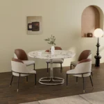 Goldoma set of 2 faux leather dining chairs with wood back and metal legs in dining room