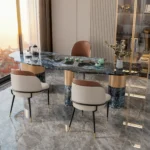 Goldoma set of 2 faux leather dining chairs with wood back and metal legs in dining room