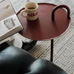 Round marble side table - mid century modern end table with natural marble top and black metal frame in living room