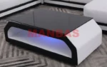 Goldoma genuine leather sectional sofa with LED lighting, storage shelves, USB ports, and cup holders in a modern living room