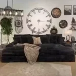 Goldoma white L-shaped velvet sofa in living room with wood frame and removable covers