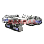 Goldoma genuine leather sectional sofa with LED lighting, storage shelves, USB ports, and cup holders in a modern living room