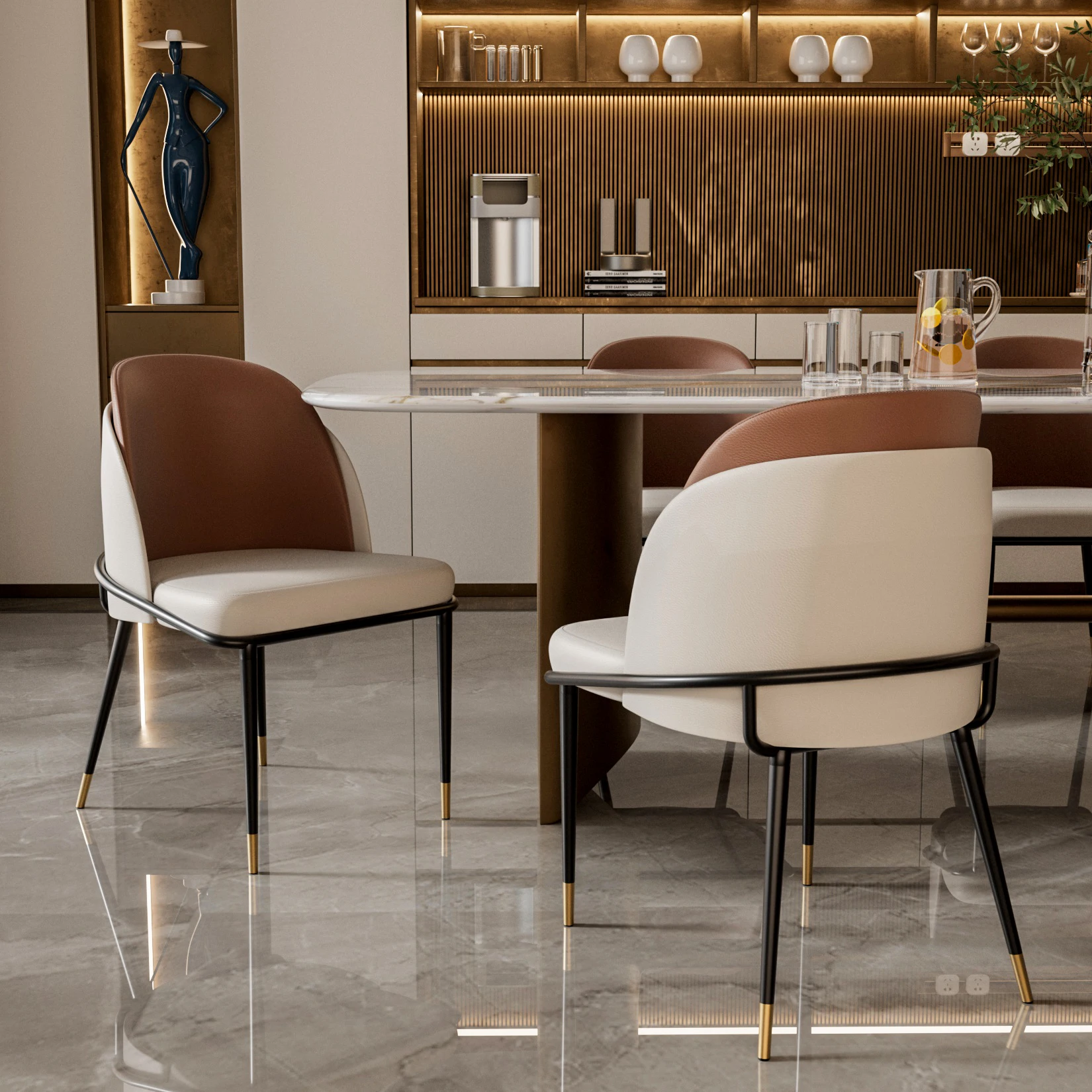 Sdeaa5f1c488243d5a6595b8aa2ca61083.webp Goldoma set of 2 faux leather dining chairs with wood back and metal legs in dining room