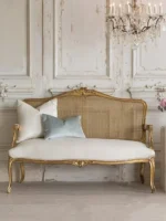 Goldoma French carved wood velvet single sofa in gold fabric with hand-carved details, ideal for living rooms