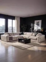 Goldoma white L-shaped velvet sofa in living room with wood frame and removable covers