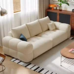 Goldoma modern L-shaped corner sofa with storage in cream chenille velvet, Scandinavian minimalist design for living room