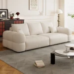 Goldoma modern L-shaped corner sofa with storage in cream chenille velvet, Scandinavian minimalist design for living room