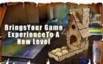 CZYY dice tower on a patio table next to a cup of coffee and outdoor decor.