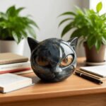 Black Cat Figurine Resin Cat Head Healing Stone Marble Texture Cat Stone Resin Cat Sculpture Ornament for Home Office Desk