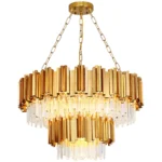 Elegant gold crystal chandelier with 17 lights illuminating a modern dining room