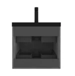 Angled view of wall mounted bathroom vanity cabinet with single sink, industrial grey, in a hotel bathroom setting.
