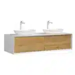Side view of the white floating vanity with two soft-close drawers and cabinet doors, showing the sleek handleless