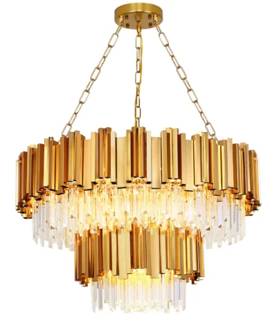 Elegant gold crystal chandelier with 17 lights illuminating a modern dining room