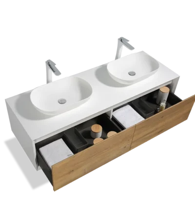 63 inch double sink floating bathroom vanity in white with marble countertop, two sinks and chrome faucets, front view