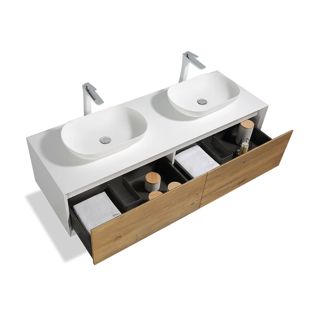 63 inch double sink floating bathroom vanity in white with marble countertop, two sinks and chrome faucets, front view
