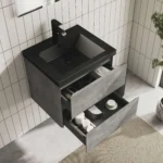 Modern wall mounted bathroom vanity cabinet with single sink in industrial grey finish, front view against tiled wall.