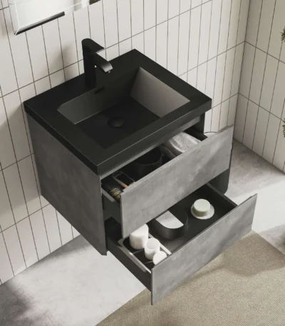 Modern wall mounted bathroom vanity cabinet with single sink in industrial grey finish, front view against tiled wall.