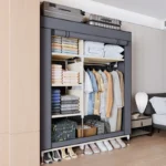 Portable wardrobe with shelves - freestanding clothes organizer with non-woven fabric cover and metal frame