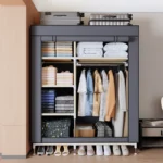Portable wardrobe with shelves - freestanding clothes organizer with non-woven fabric cover and metal frame