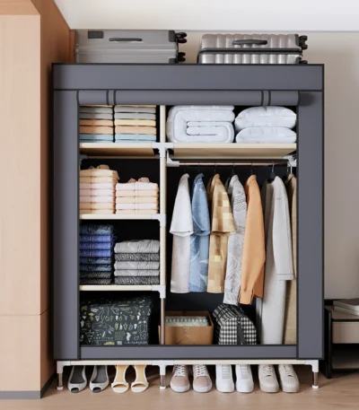 Portable wardrobe with shelves - freestanding clothes organizer with non-woven fabric cover and metal frame