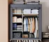 Freestanding clothes rack with hanging rod and 5 shelves in a bedroom