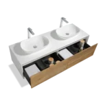 Floating bathroom vanity from an angle, highlighting the open space underneath and the clean lines of the 63-inch unit.