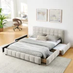 Goldoma queen tufted headboard platform bed frame with velvet upholstery and storage drawers in modern bedroom