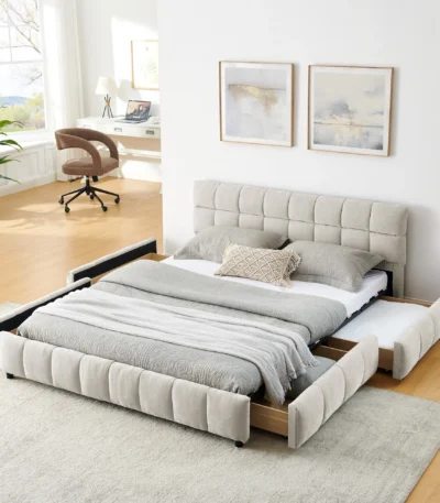 Goldoma queen tufted headboard platform bed frame with velvet upholstery and storage drawers in modern bedroom