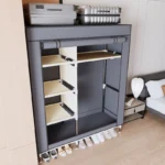Portable wardrobe with shelves - freestanding clothes organizer with non-woven fabric cover and metal frame