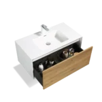 Interior view of the storage cabinet with adjustable shelves, ample space for bathroom essentials.
