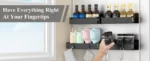 Black magnetic spice rack attached to refrigerator side, holding spice jars neatly organized