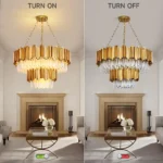 Elegant gold crystal chandelier with 17 lights illuminating a modern dining room