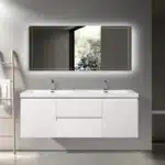 Luxury glossy white 60-inch floating bathroom vanity with MDF painted surface, front view against a modern tiled wall.