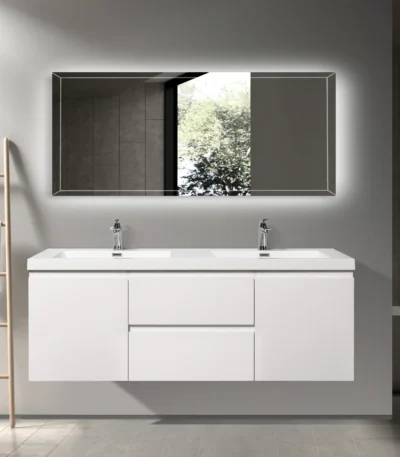 Luxury glossy white 60-inch floating bathroom vanity with MDF painted surface, front view against a modern tiled wall.