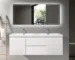 Luxury glossy white 60-inch floating bathroom vanity with MDF painted surface, front view against a modern tiled wall.