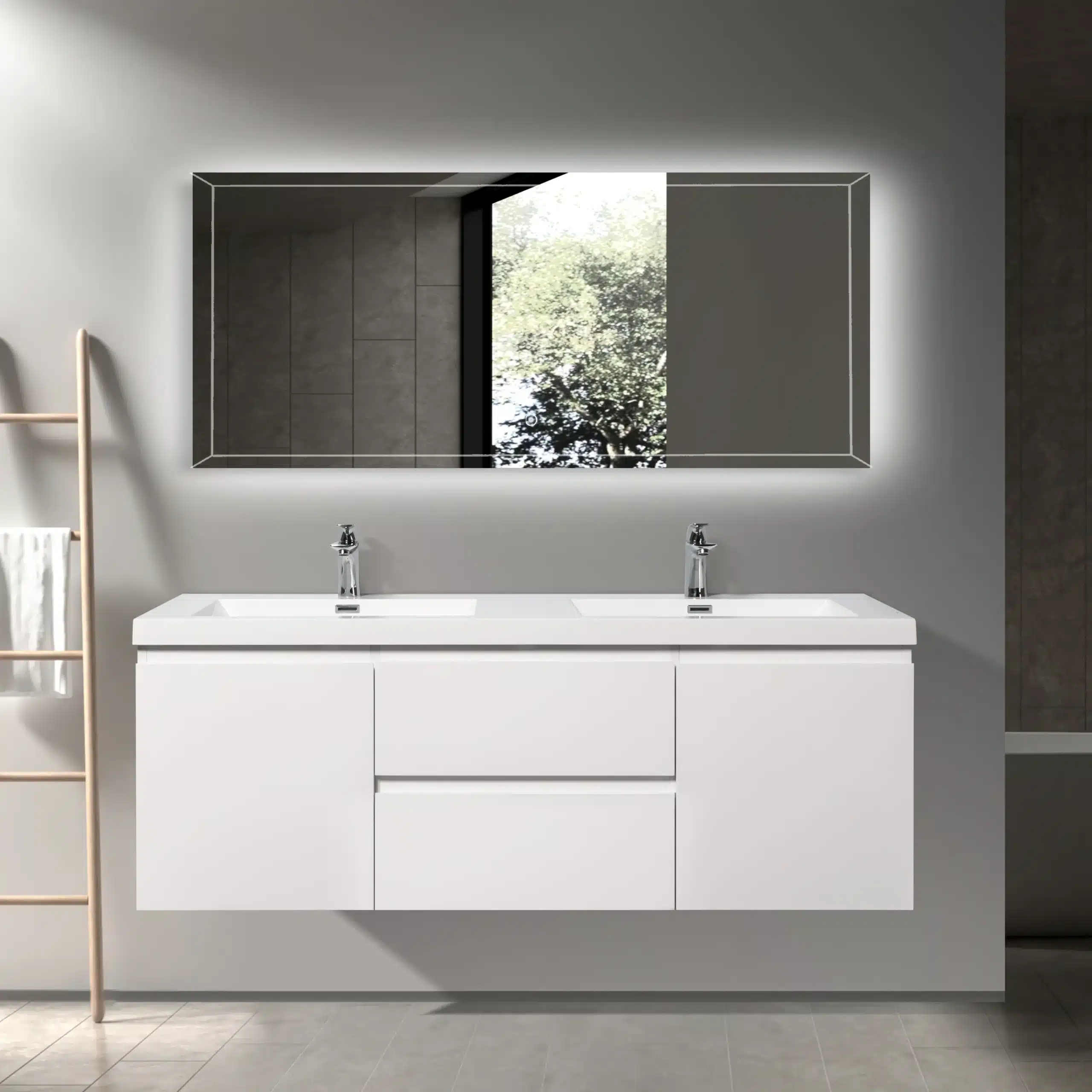 Luxury glossy white 60-inch floating bathroom vanity with MDF painted surface, front view against a modern tiled wall.