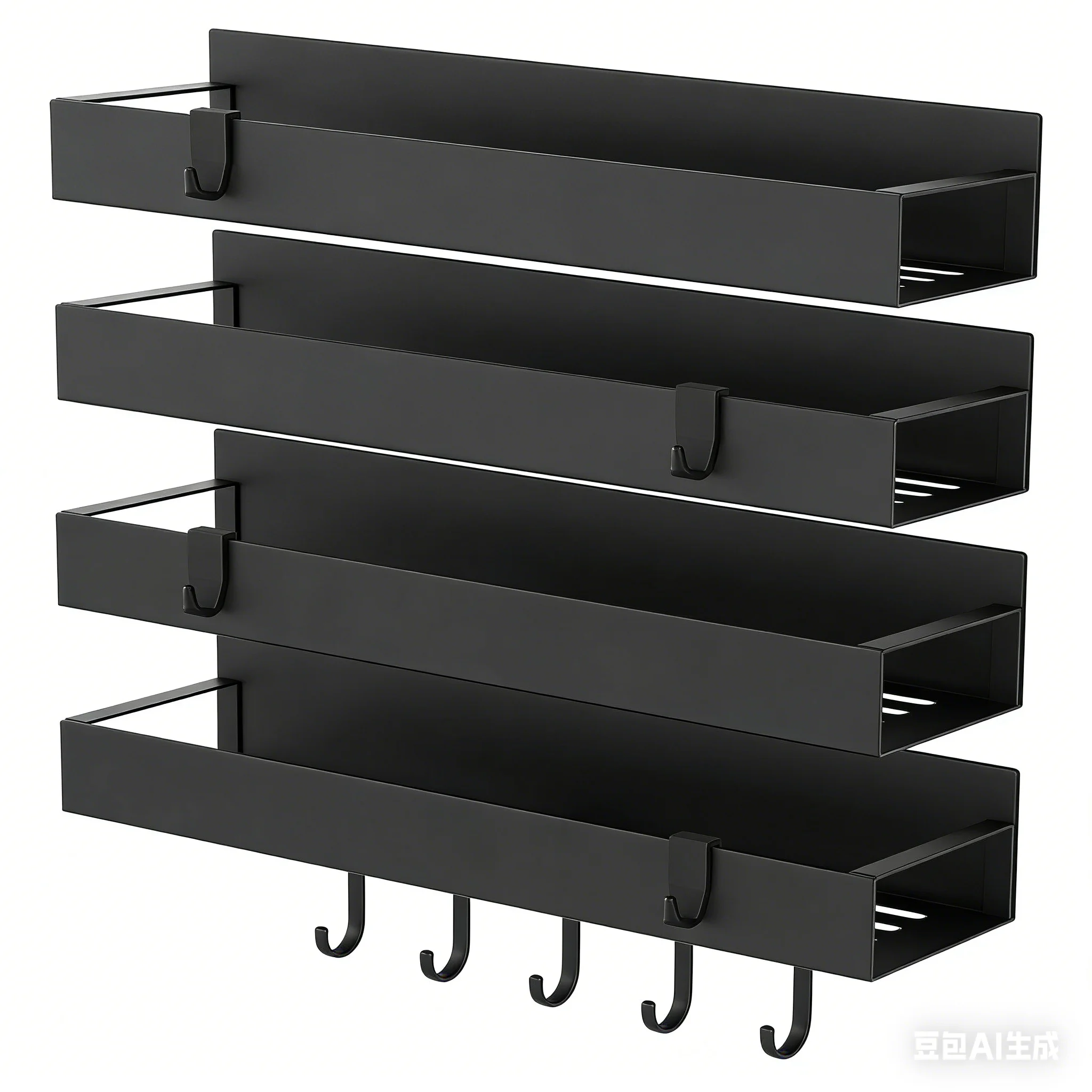 Black magnetic spice rack attached to refrigerator side, holding spice jars neatly organized