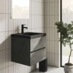 Top-down view of modern wall mounted bathroom vanity cabinet with single sink, industrial grey, showing sink basin.