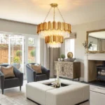 Elegant gold crystal chandelier with 17 lights illuminating a modern dining room