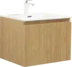 Goldoma 24in wall-hung bathroom vanity installed at standard height, with brushed nickel faucet and mirror above.