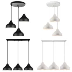 Nordic minimalist iron pendant lamp shade with 3 heads in matte black, hanging above a wooden dining table.